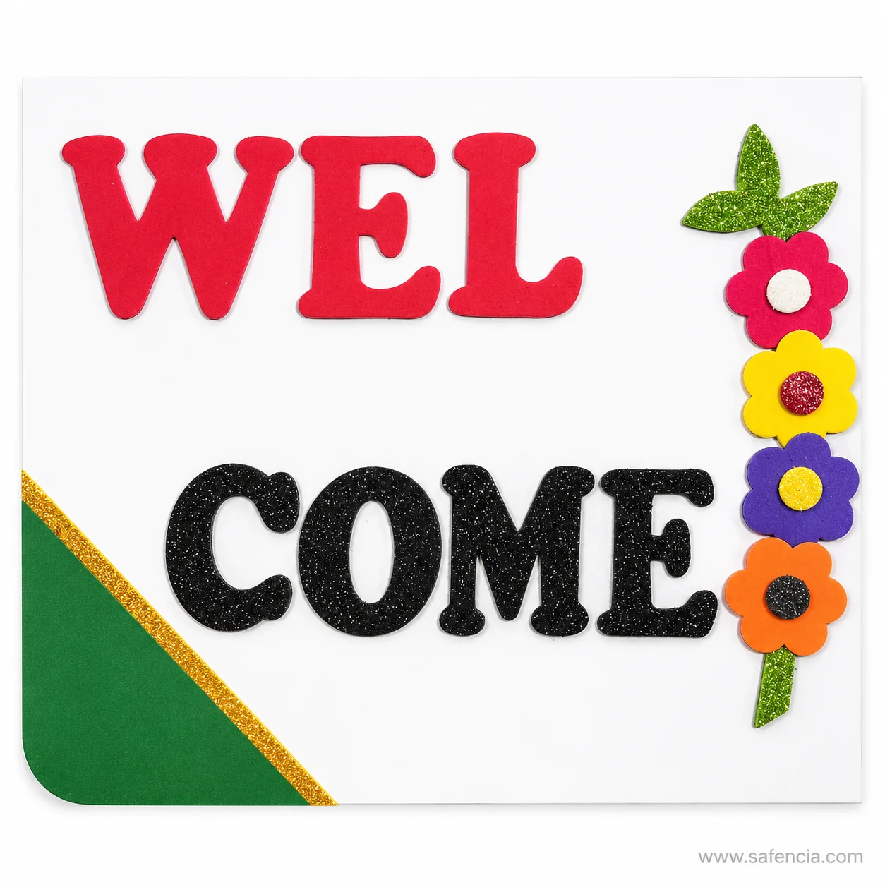 Glitter foam welcome letters close up