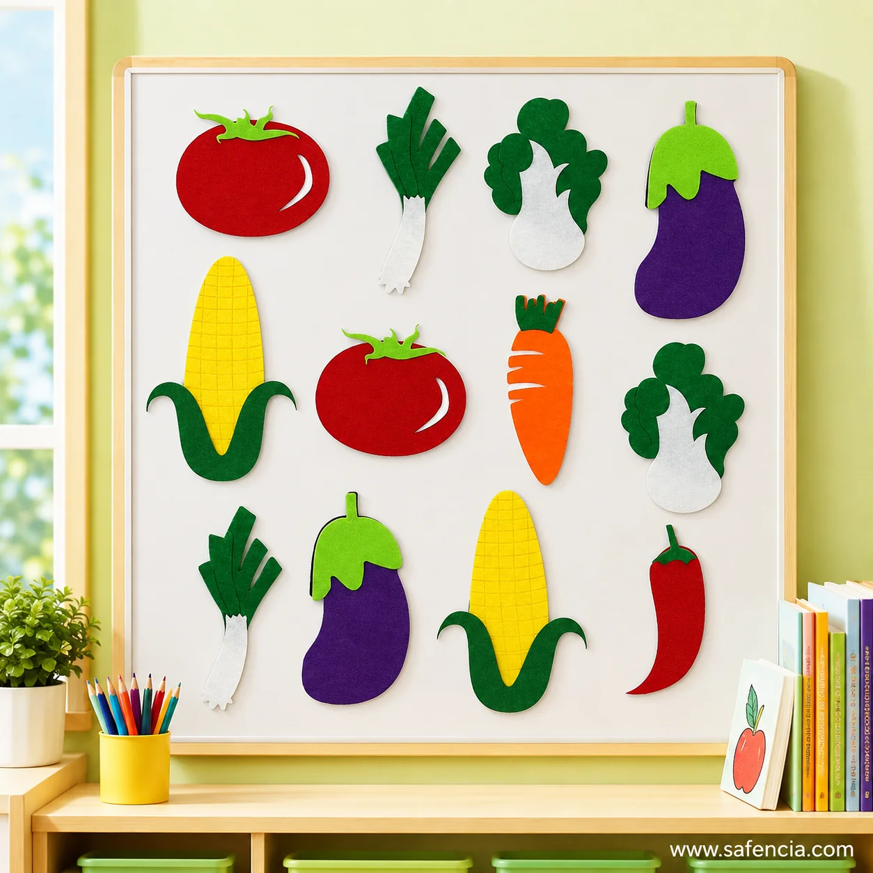 Close-up of die-cut foam vegetables with adhesive back