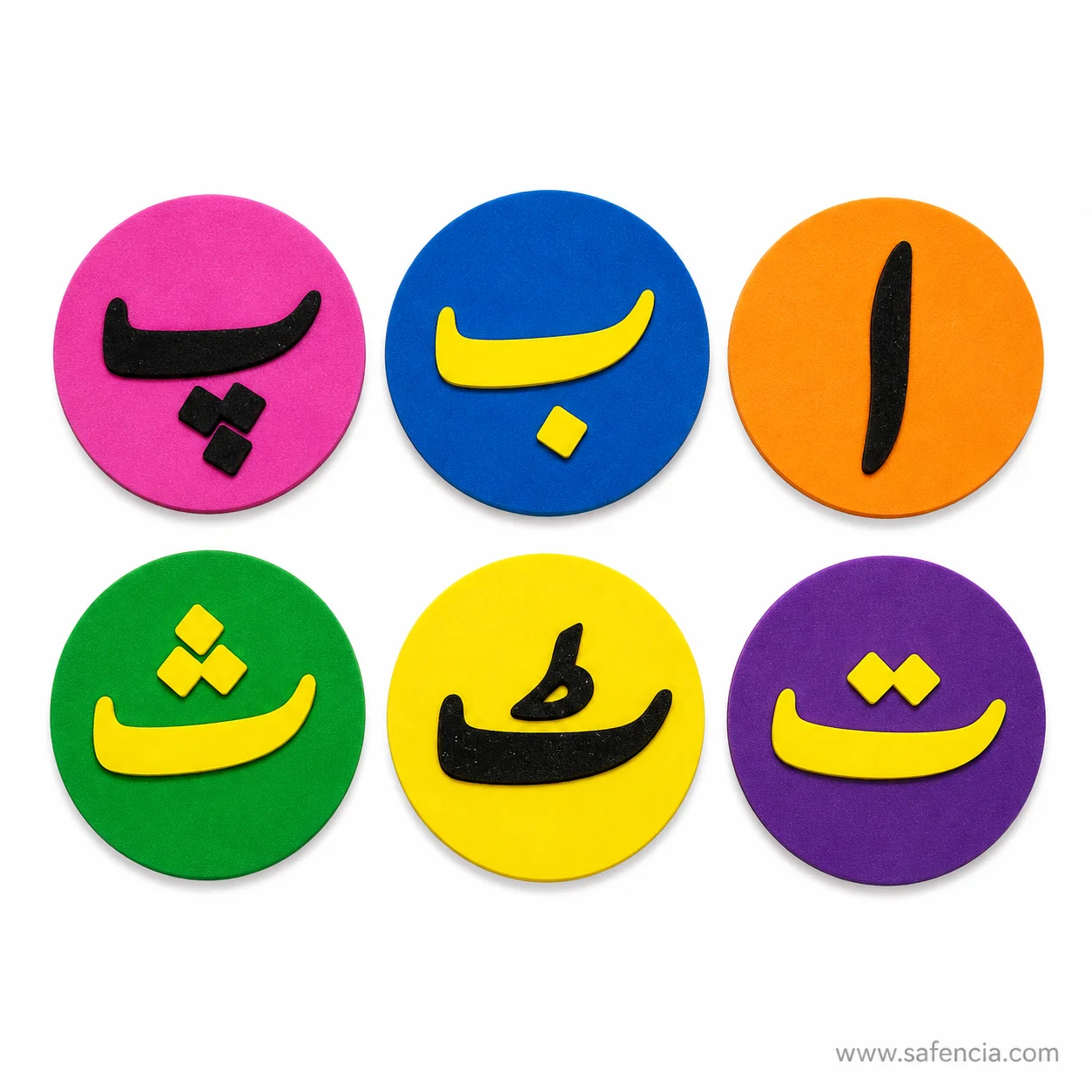 Child practicing Urdu letters with circular foam discs