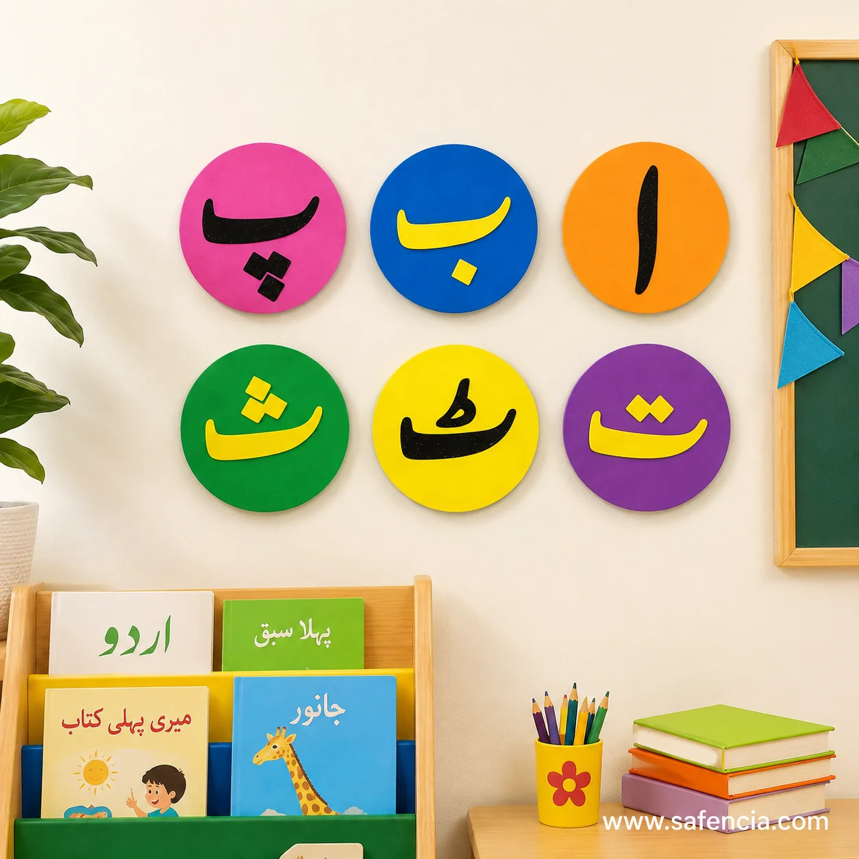 Overhead layout of Urdu alphabet foam learning discs