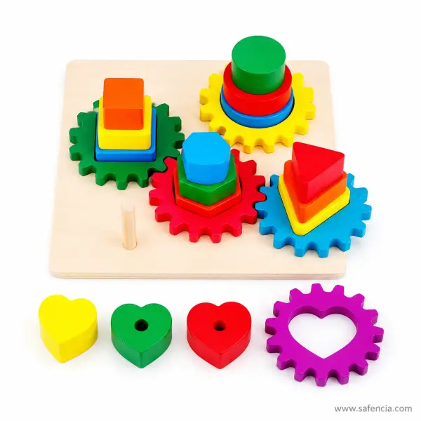 Gear Sleeve Post Wooden Stacking Board (5 Posts, 5 Turning Gears, Five Shapes)