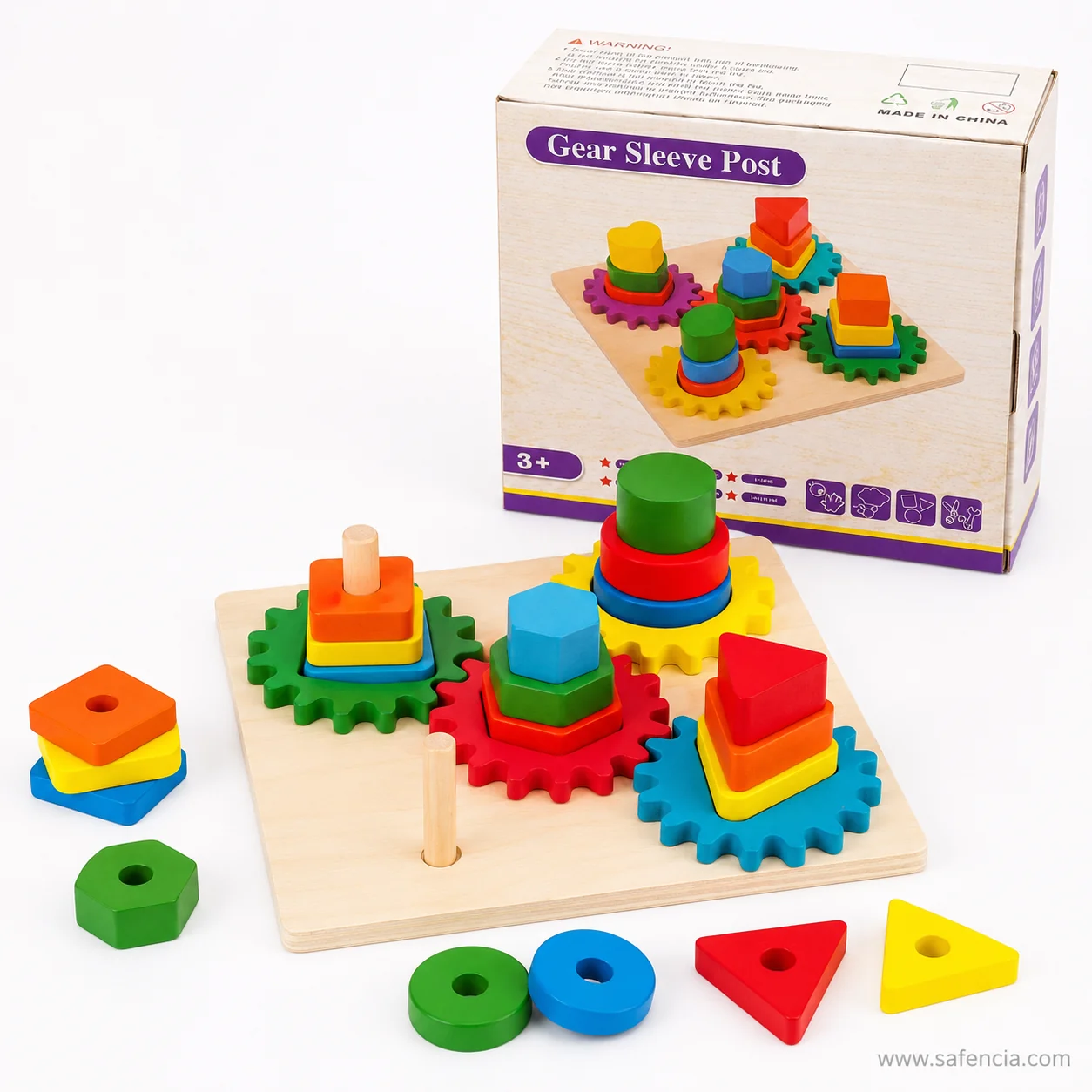 Gear sleeve post board beside its printed box with loose square and triangle shape pieces