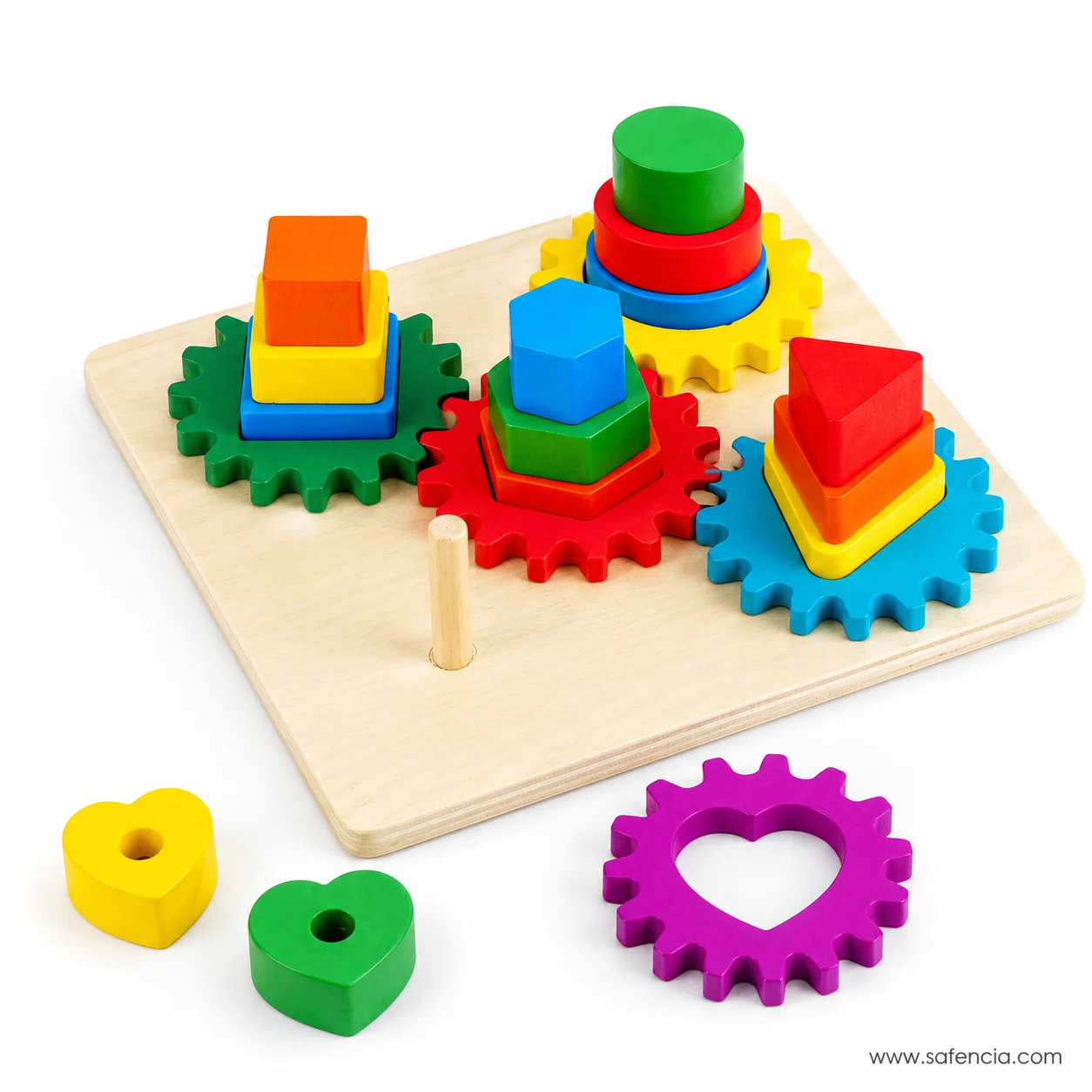 Close view of graded shapes stacked on the gear sleeve post board with the empty fifth post