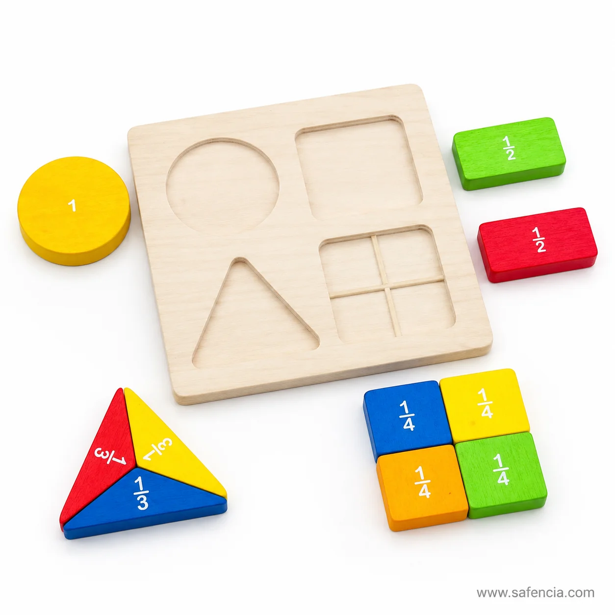 Empty wooden fraction tray showing the circle, rectangle, triangle and square recesses cut into it