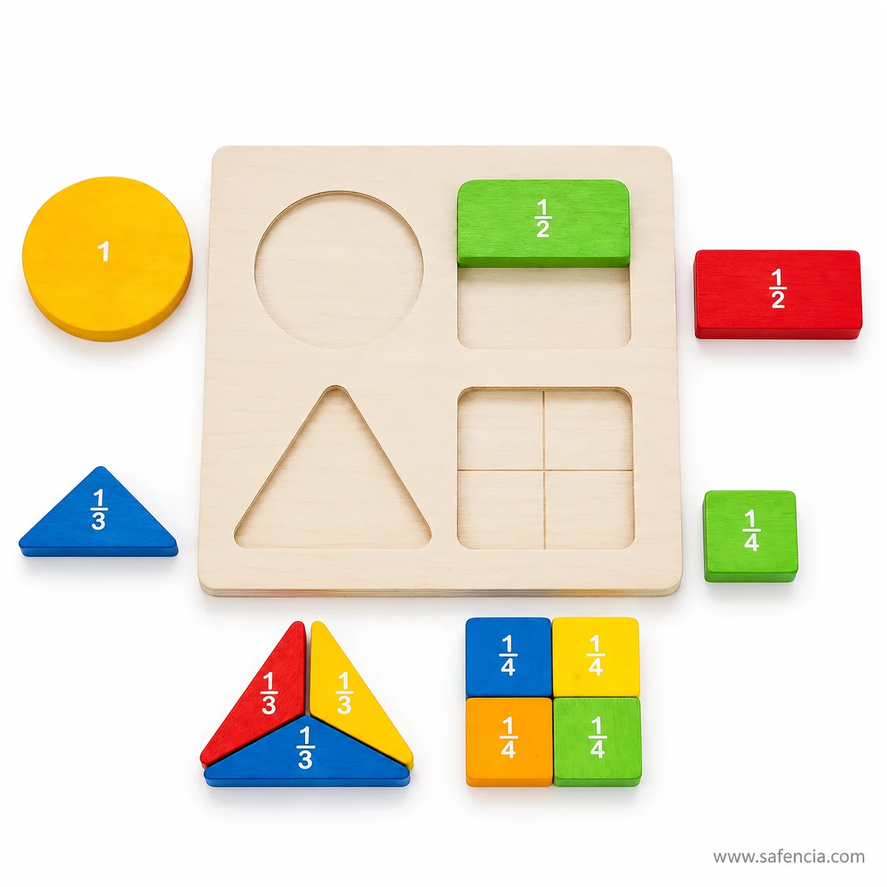 Wooden fraction board at an angle with the whole circle, thirds and quarters lifted out beside the tray