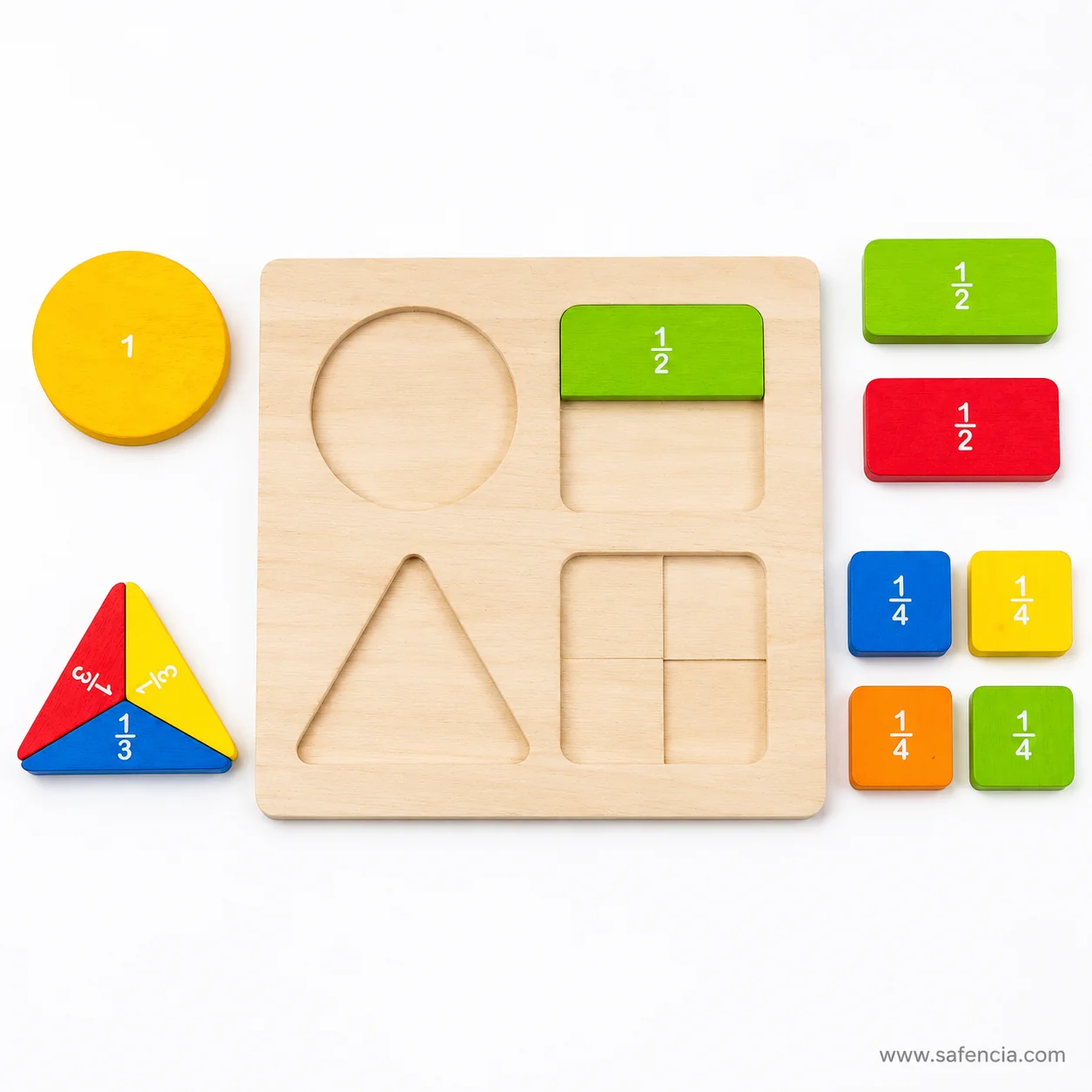 Flat lay of the wooden fraction board with the two half pieces and four quarter pieces laid out beside it