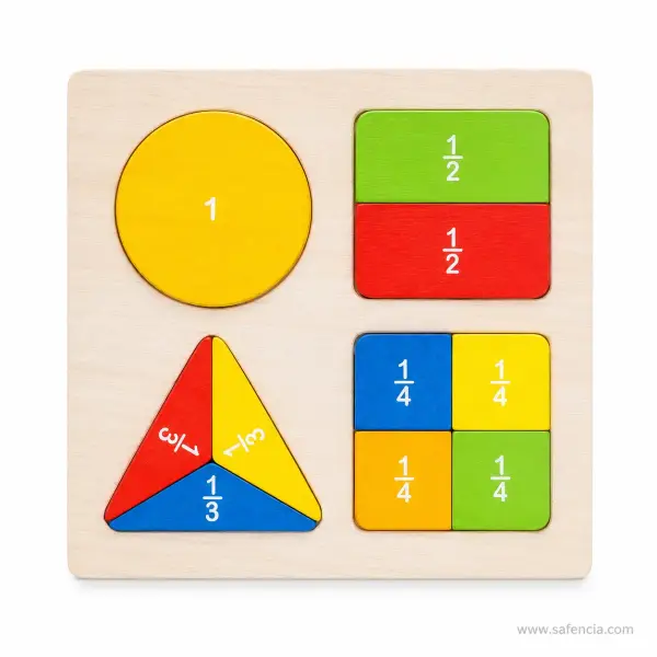 Wooden Fraction Shapes Puzzle Board (Whole, Halves, Thirds and Quarters, 10 Pieces)