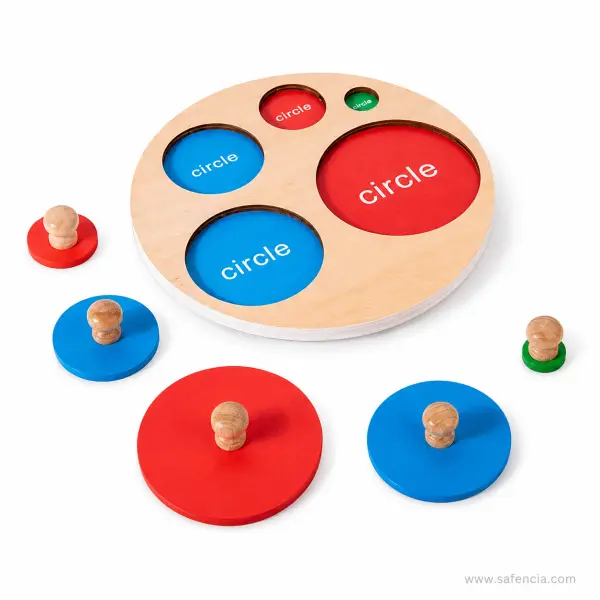 Circle Sizes Wooden Knob Puzzle Plate (Five Circles, One Shape)