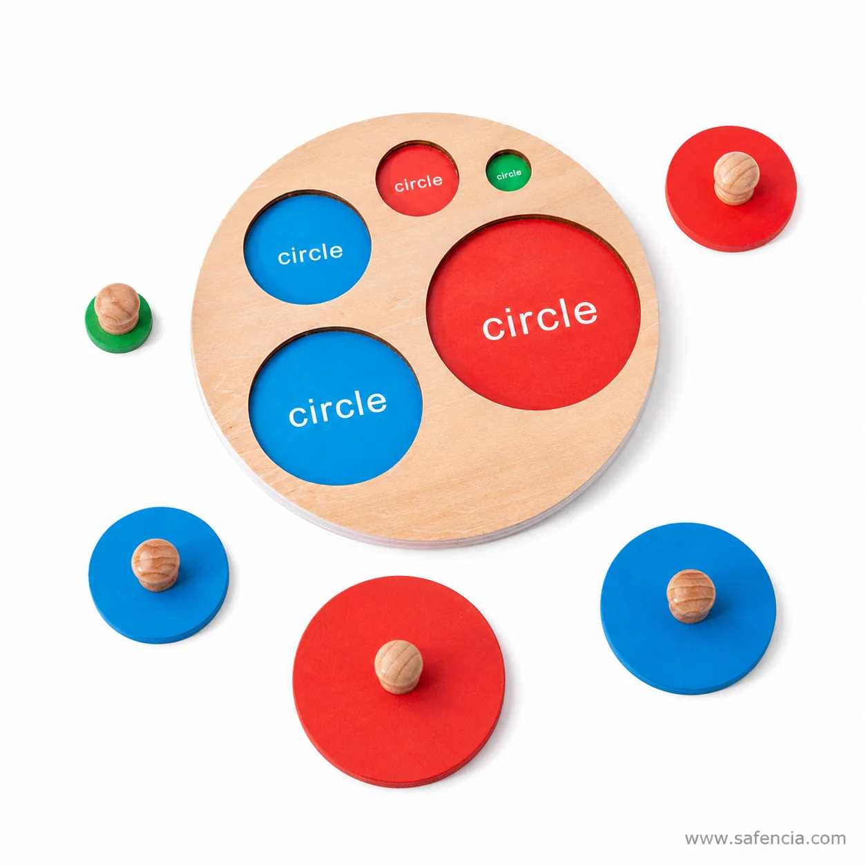Five knobbed wooden discs lifted out around the circle sizes puzzle plate