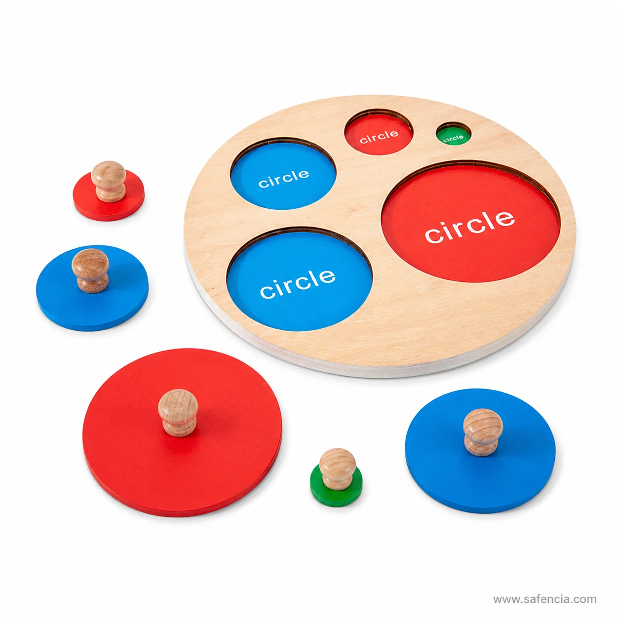 Wooden circle plate showing the word circle printed in white inside recesses of different sizes