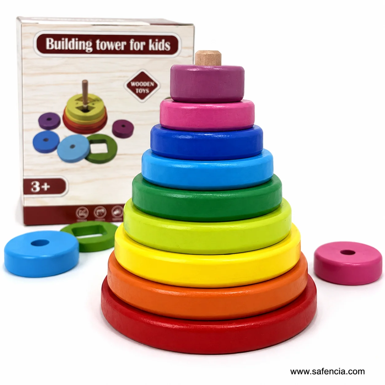 Close view of the stacker showing how wide and flat each wooden disc is