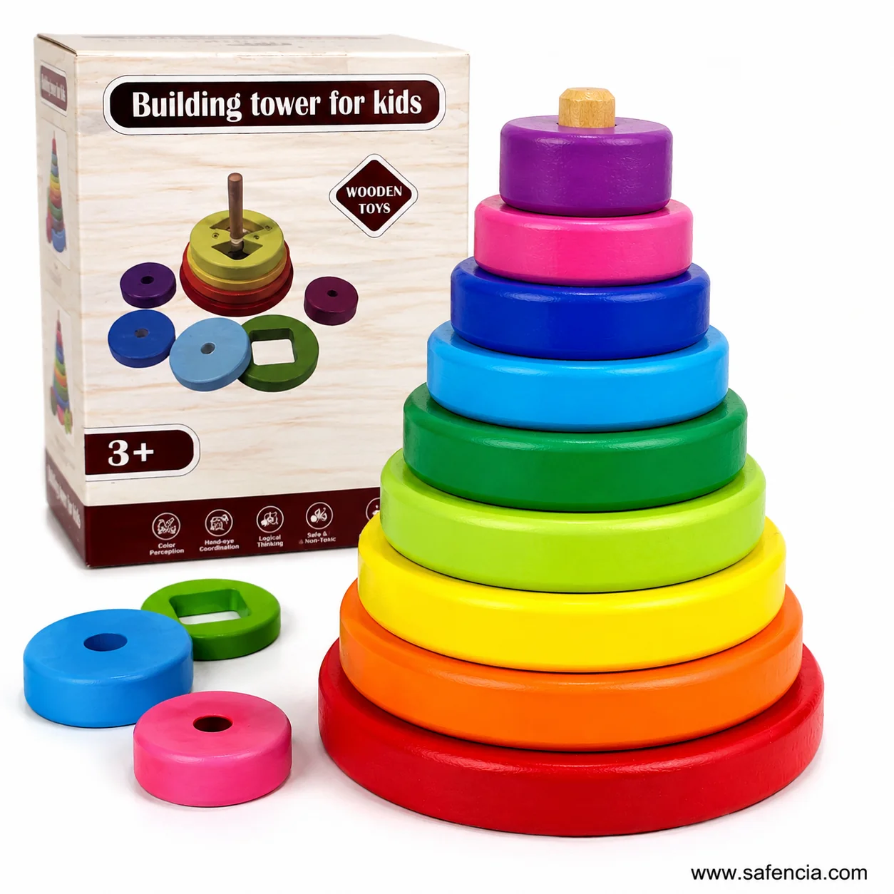 Top of the wooden disc stacker showing the unpainted turned wood knob