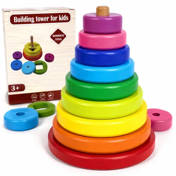 Building Tower Wooden Disc Stacker (Graded Rainbow Discs, Boxed)