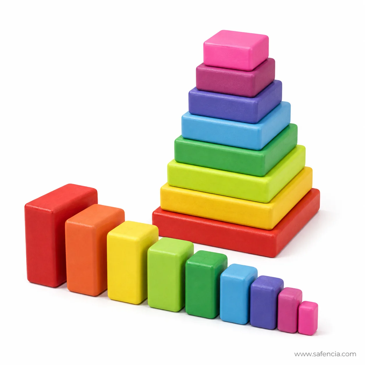 Square stacking blocks stood on end in a size-ordered row beside the stacked tower