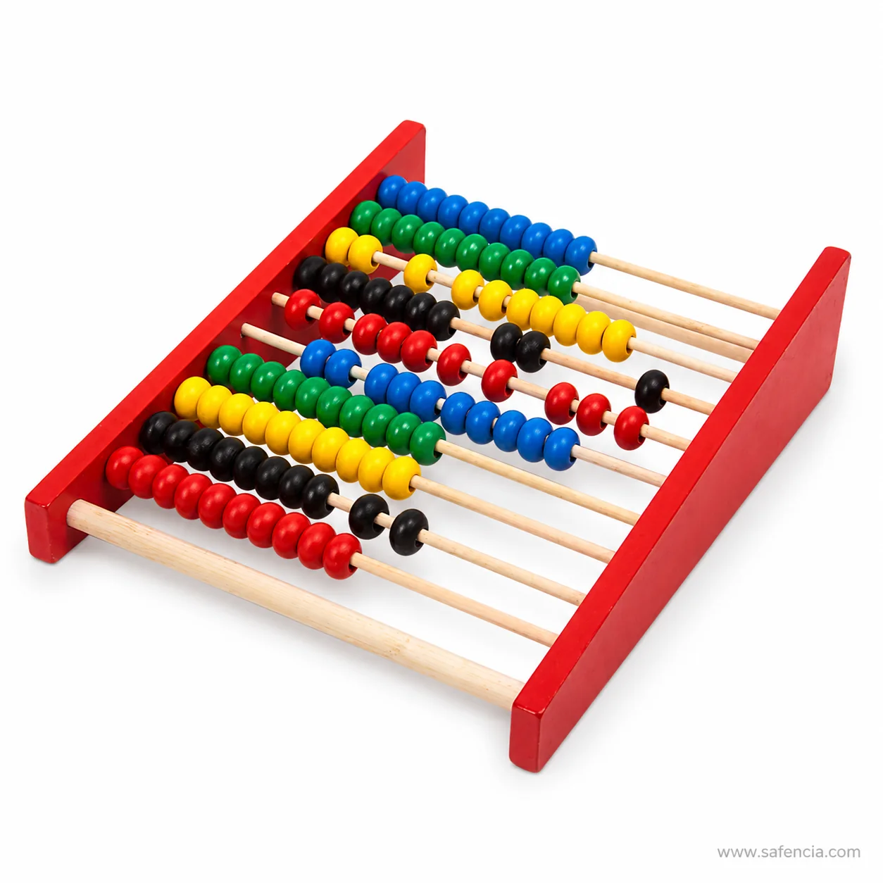 Angled view of the wooden abacus with beads pushed to both ends of several rods