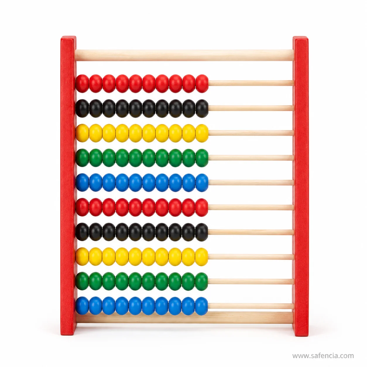 Front view of the wooden abacus showing each row of ten beads against plain wooden rods