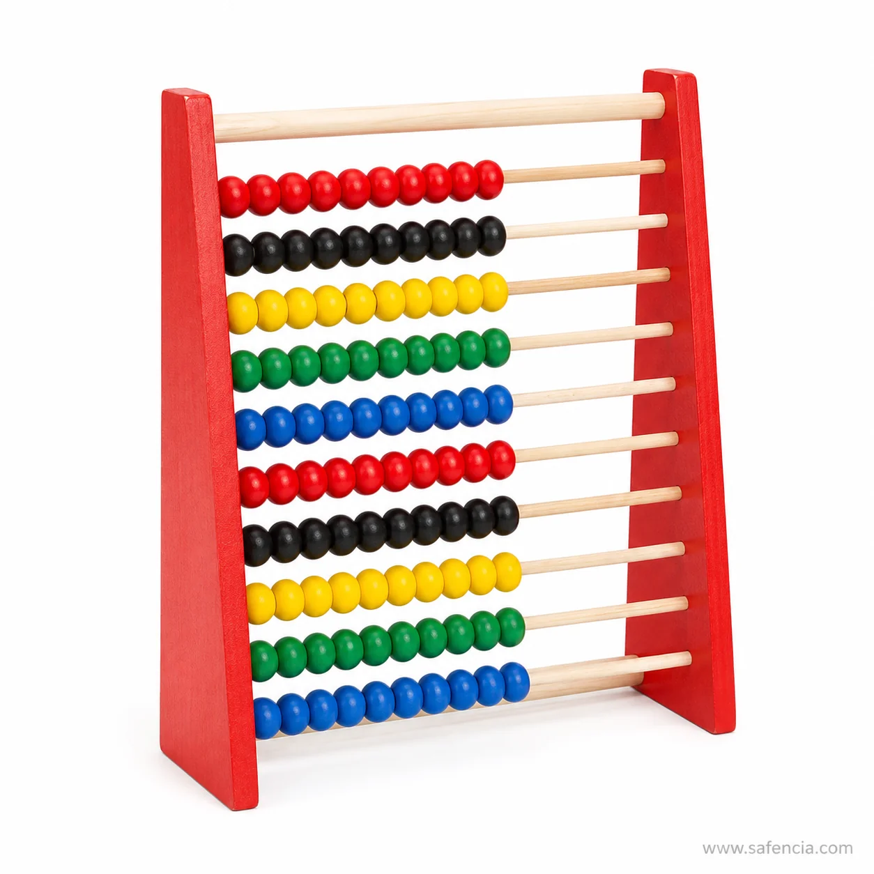 Wooden abacus photographed from the side showing the red uprights and the leaning frame