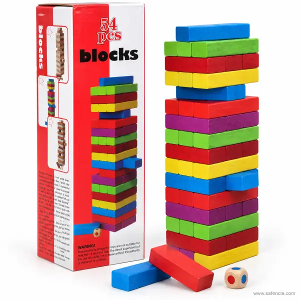 54-Piece Wooden Stacking Tower Blocks (Colour Die or Number Dice)
