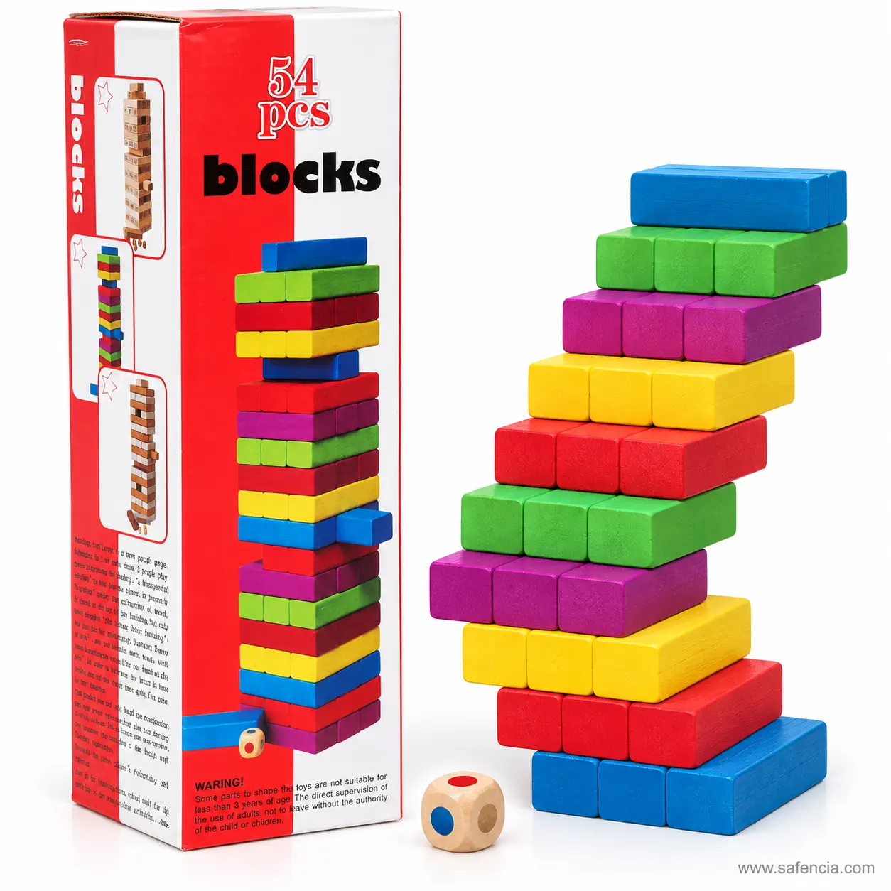 A leaning multicolour block tower about to fall with the colour die in the foreground