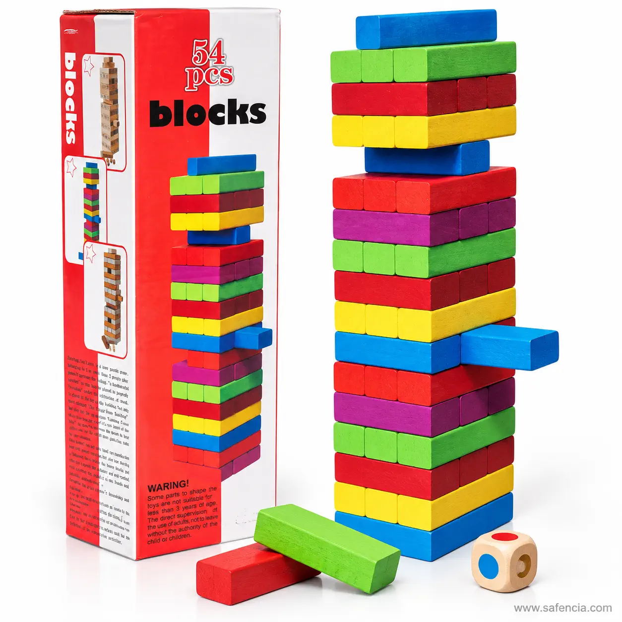 Multicolour wooden tower mid-game with a blue block pulled halfway out of a layer