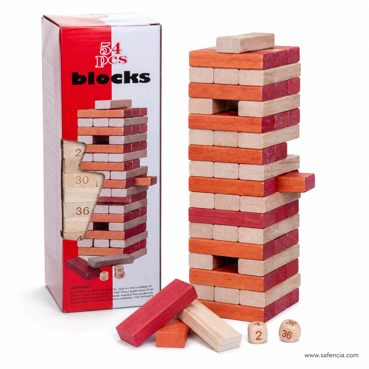 Full natural wood stacking tower built up beside the red 54 pcs blocks box