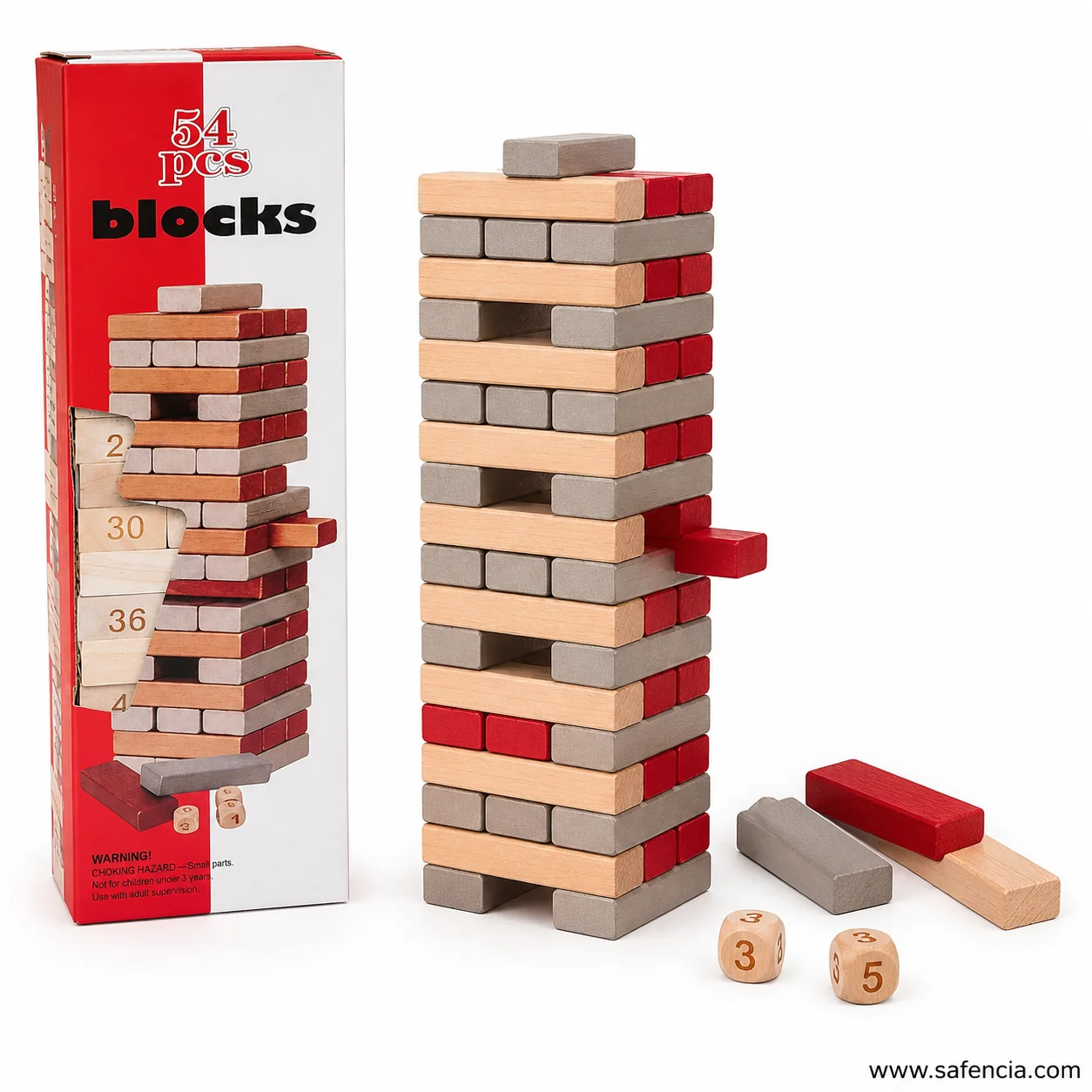 Natural wood version of the stacking tower blocks with two number dice beside it