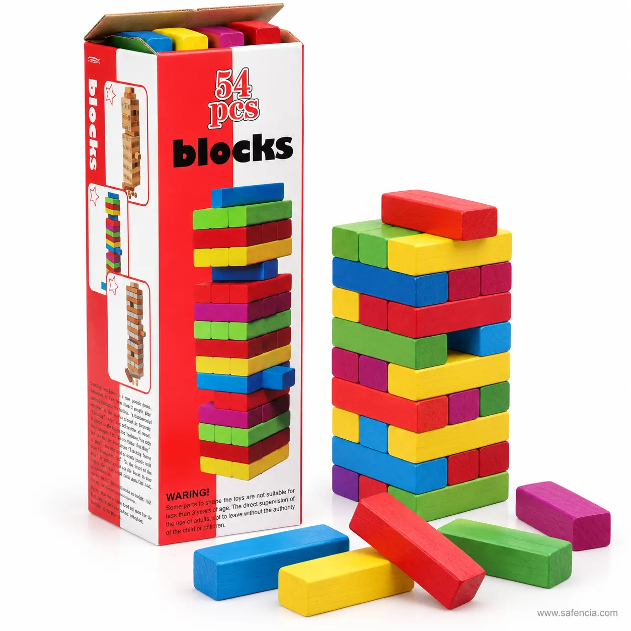The open blocks box with a built multicolour tower and loose blocks lying in front