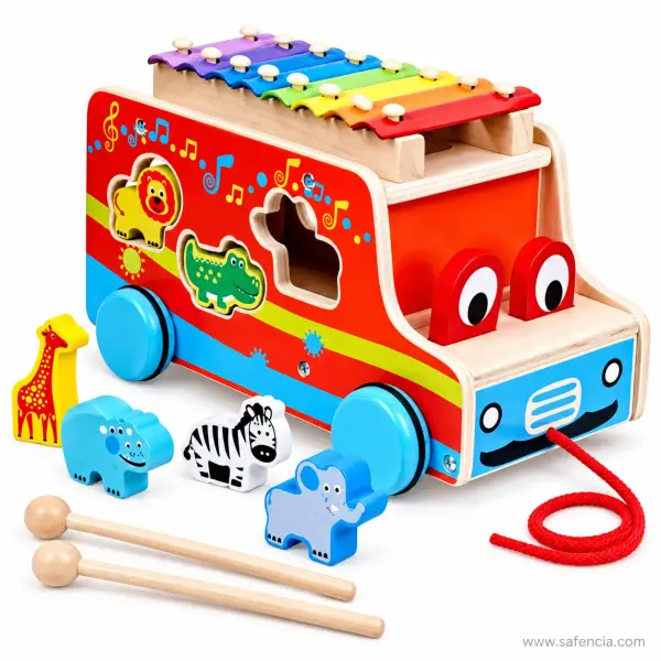 Wooden Xylophone Pull-Along Bus with Animal Shape Sorter (8 Keys, 2 Beaters)