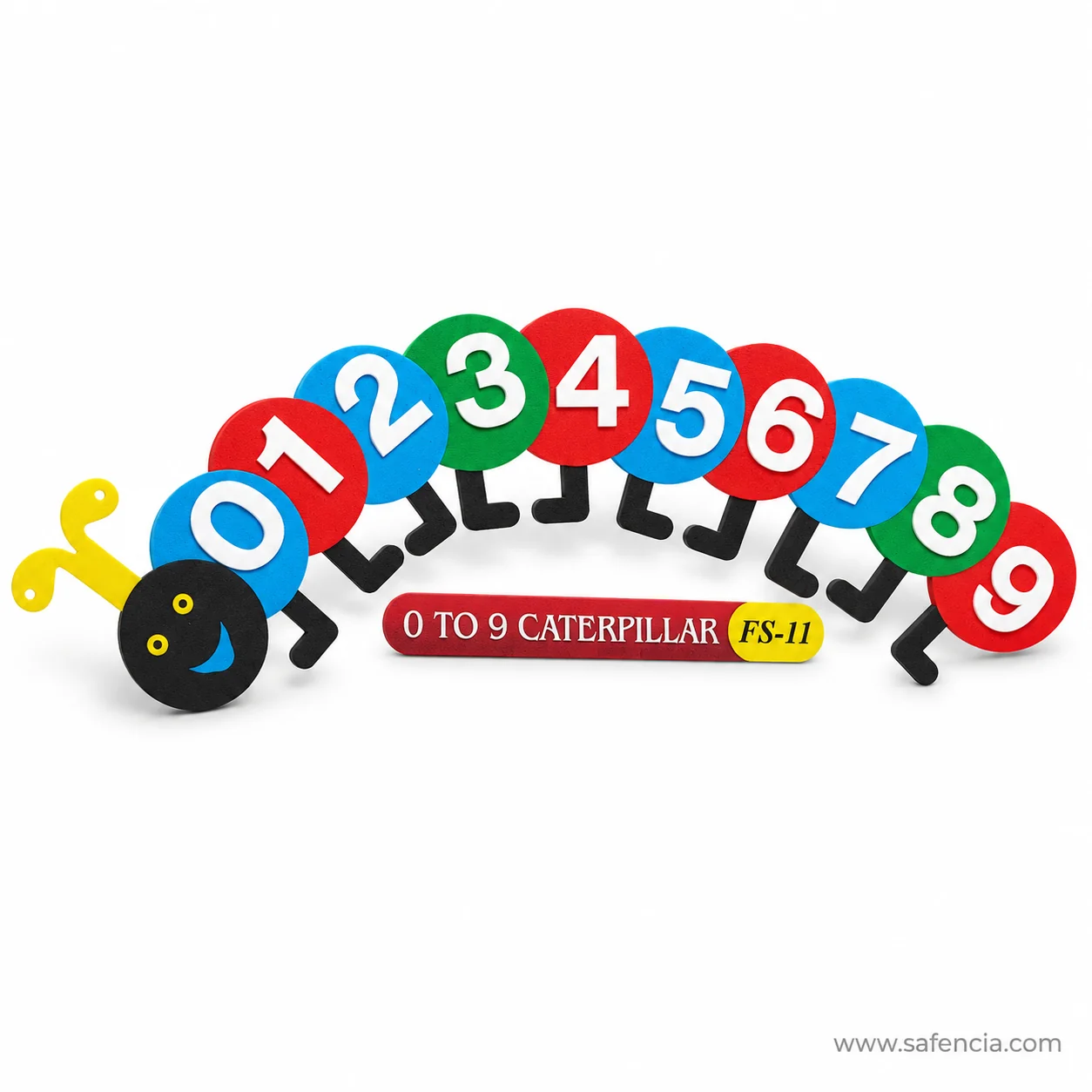 Angled view of the numbers caterpillar showing each disc and leg as a separate foam piece