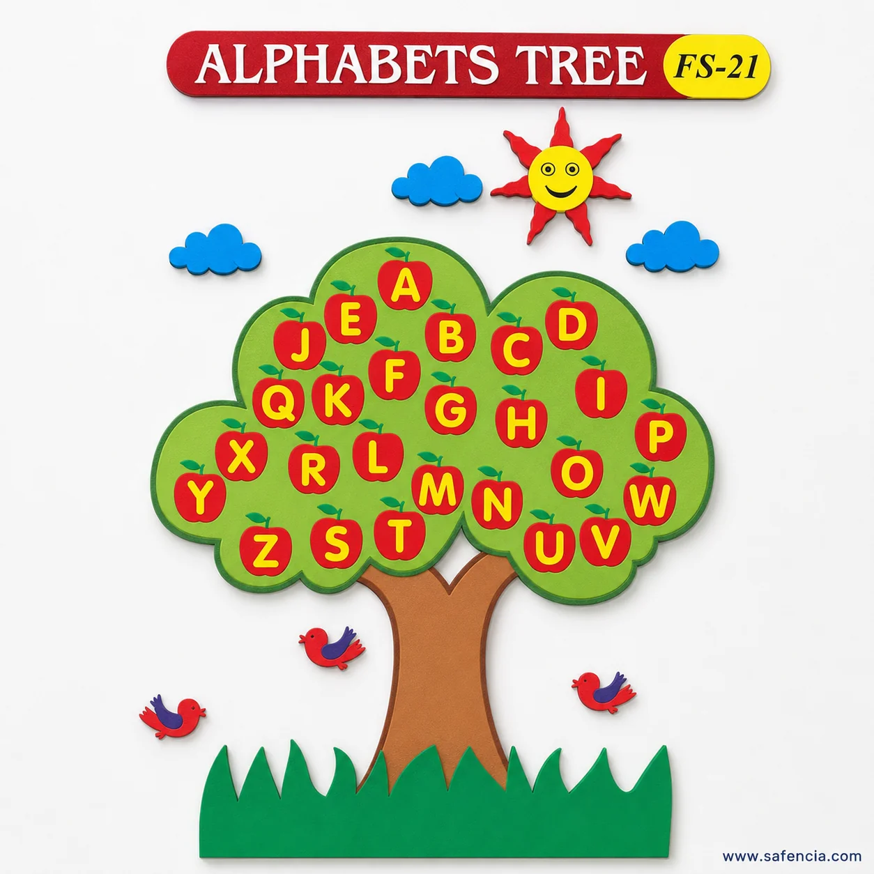 Angled view of the alphabets tree showing each apple and cloud as a separate foam cut-out