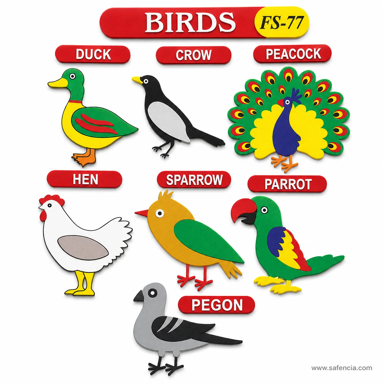 Angled view of the birds foam set showing each bird as a separate raised cut-out