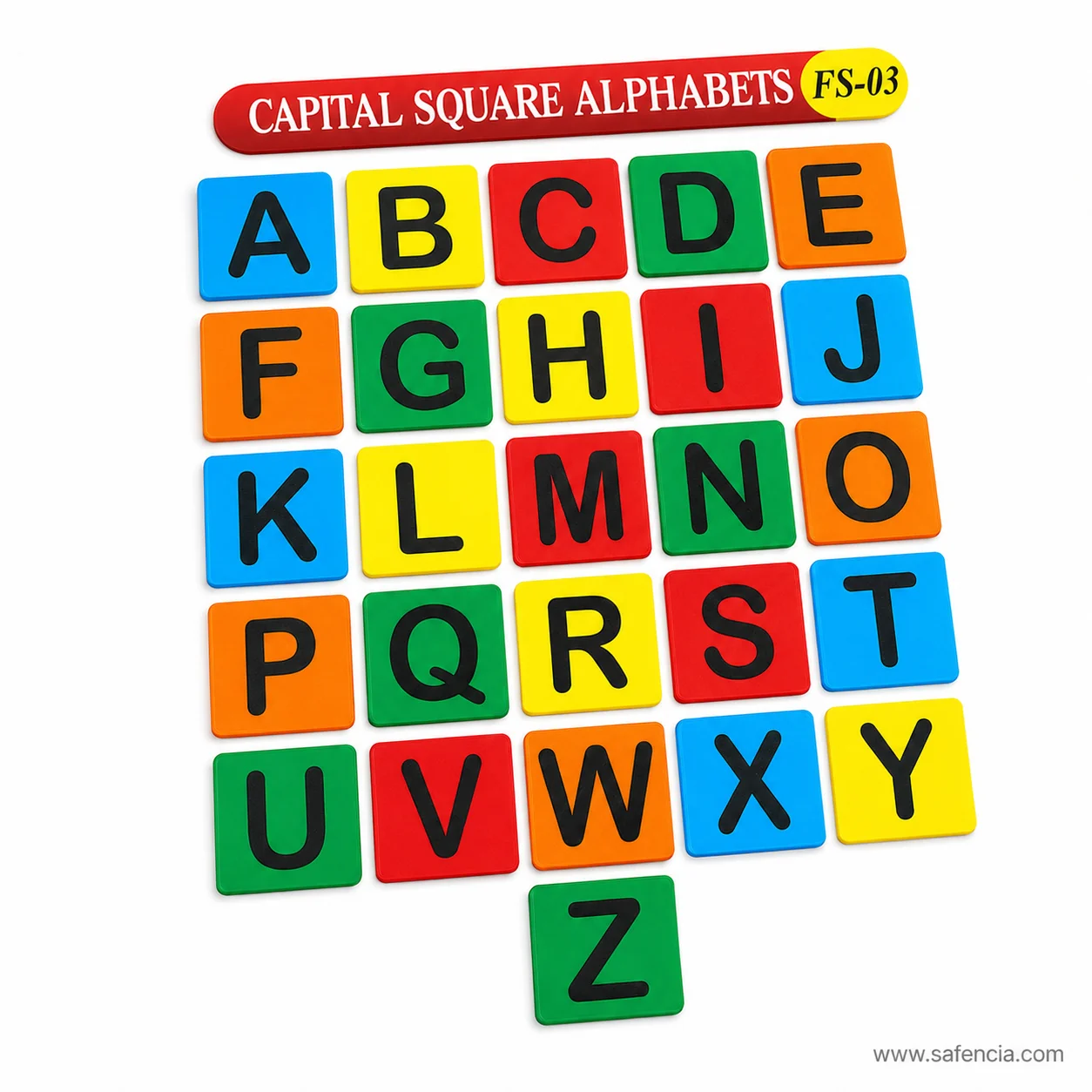 Angled view of the capital square alphabet tiles showing the depth of each foam square