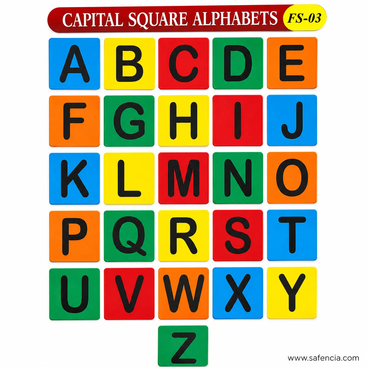 Capital square alphabet foam tiles with the red banner and FS-03 model code visible