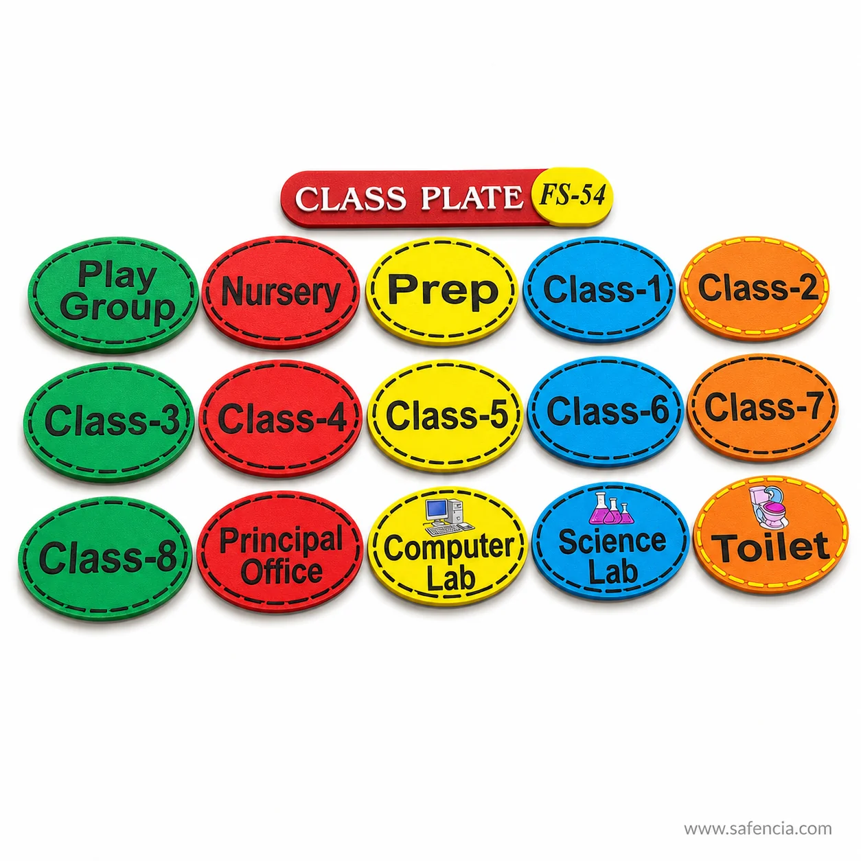 Angled view of the foam class plates showing the thickness of each oval door sign