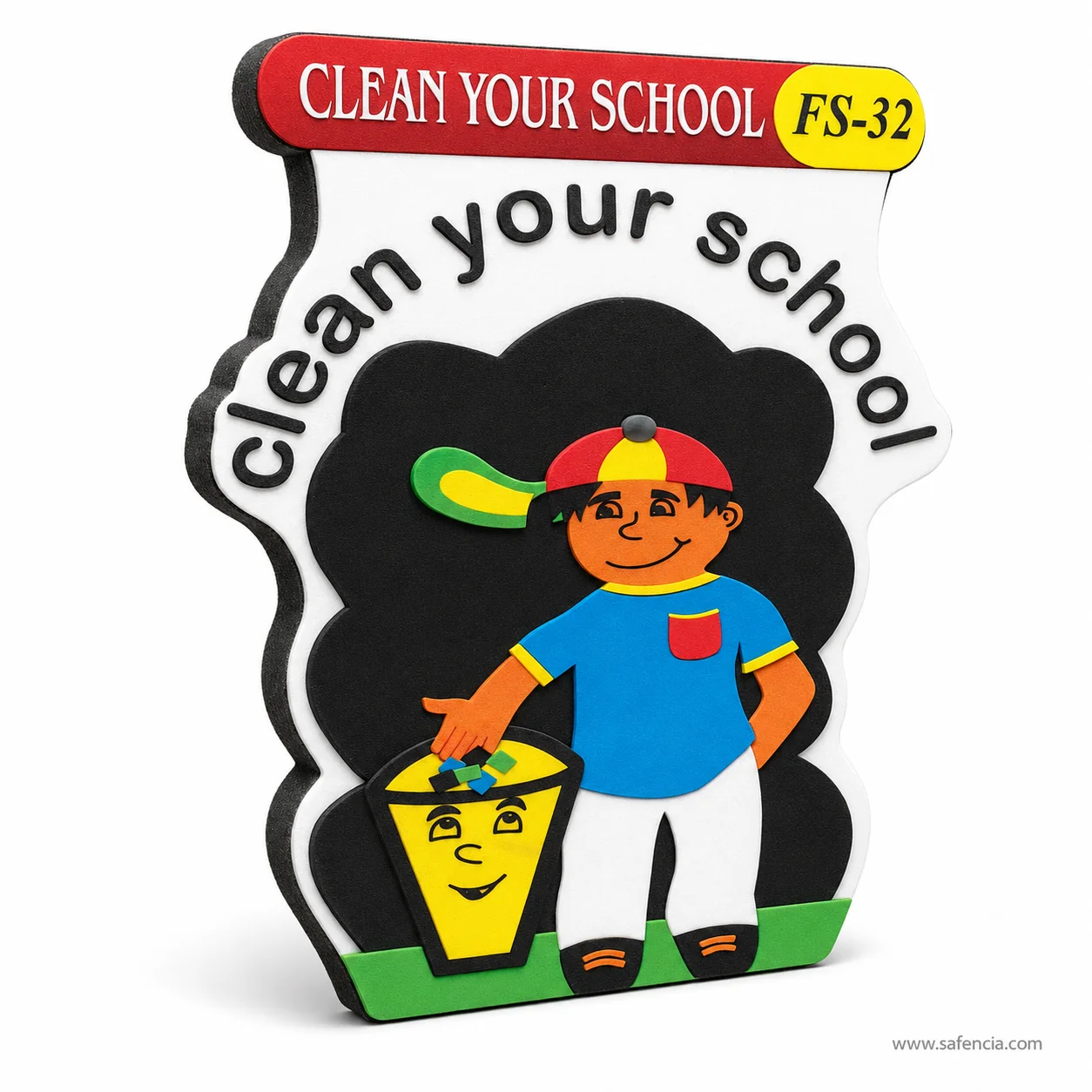 Angled view of the clean your school cut-out showing the layered foam behind the figure