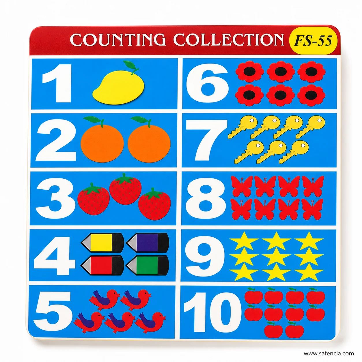 Angled view of the counting collection chart showing the raised foam objects on the board