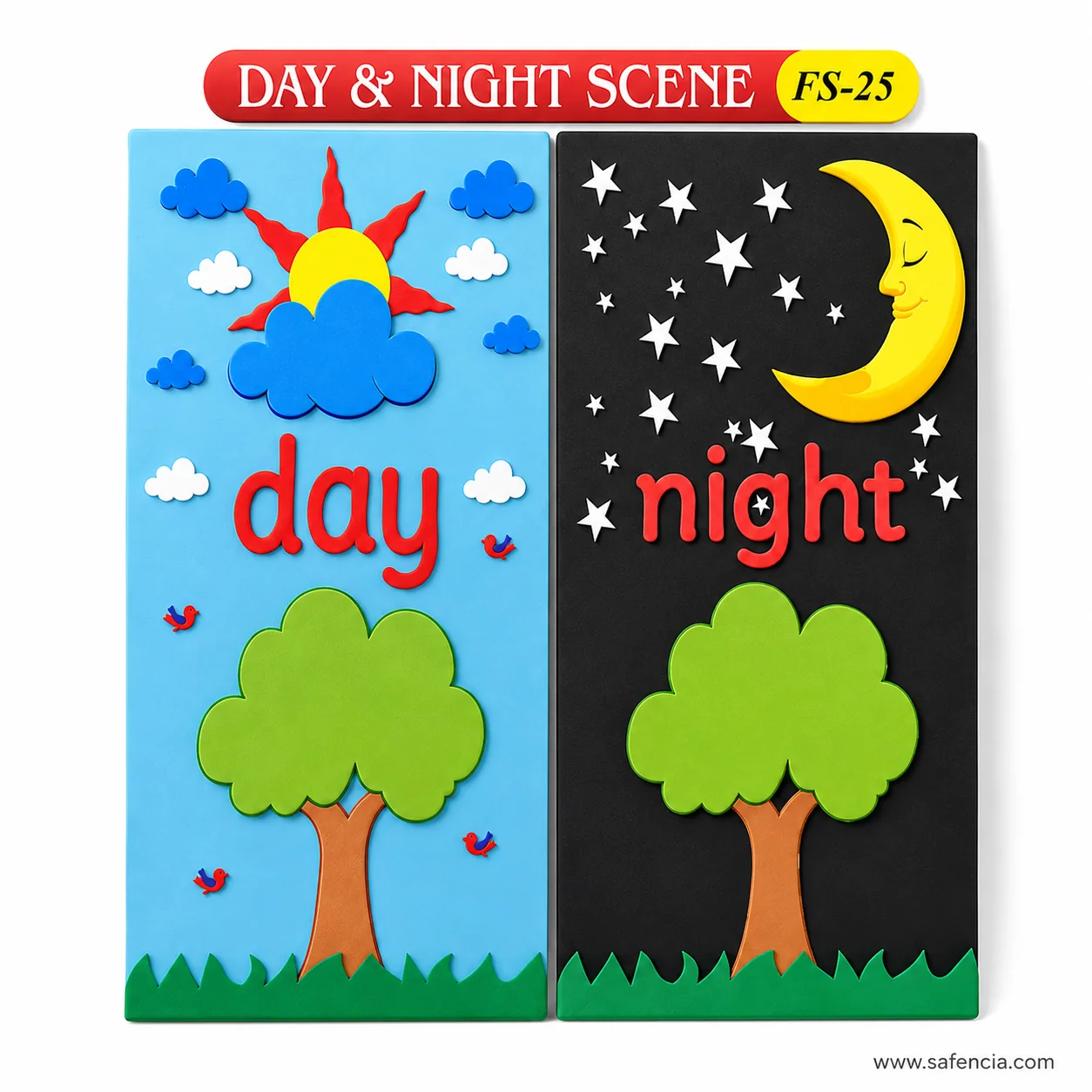 Angled view of the day and night foam panels showing the layered depth of sun, moon and tree