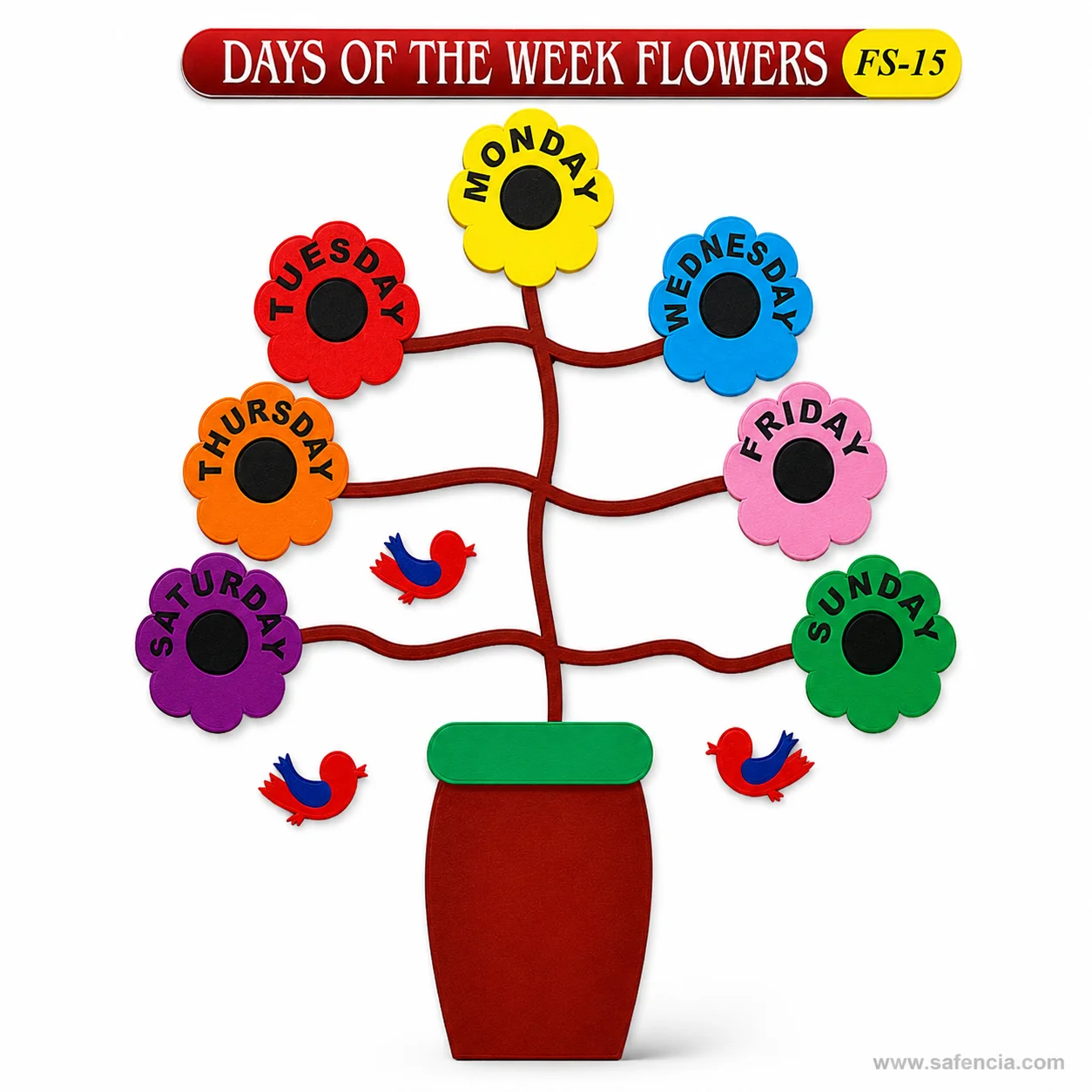 Angled view of the days of the week flowers showing each piece as a separate foam cut-out