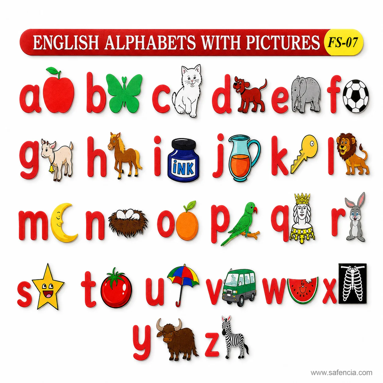 Close view of the alphabet chart showing the ink bottle, jug, key and lion pictures