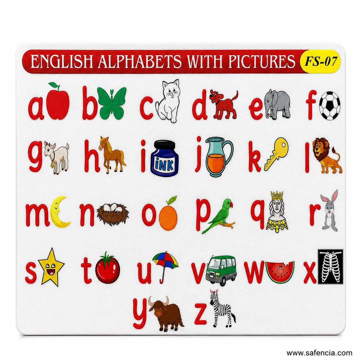 English alphabet picture chart shown mounted on its white foam backing board