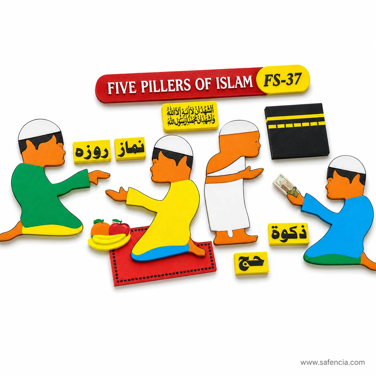 Foam cut-outs showing a figure in ihram beside the Kaaba and a child giving zakat
