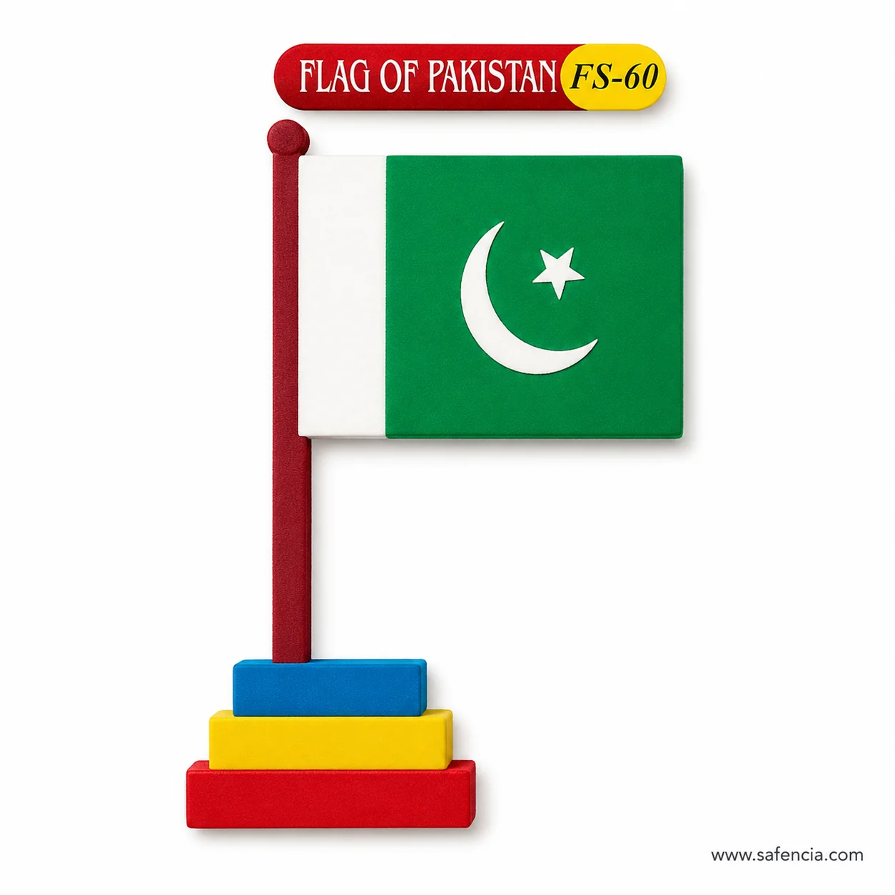 Close view of the foam Pakistan flag showing the white crescent and star cut into the green