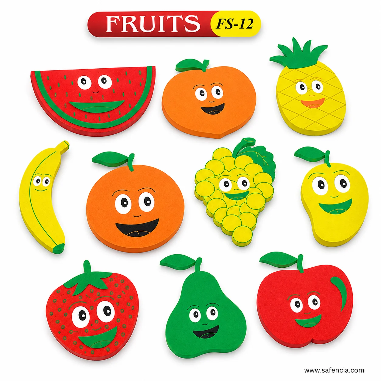 Close view of the foam mango, grape bunch and banana cut-outs with their faces