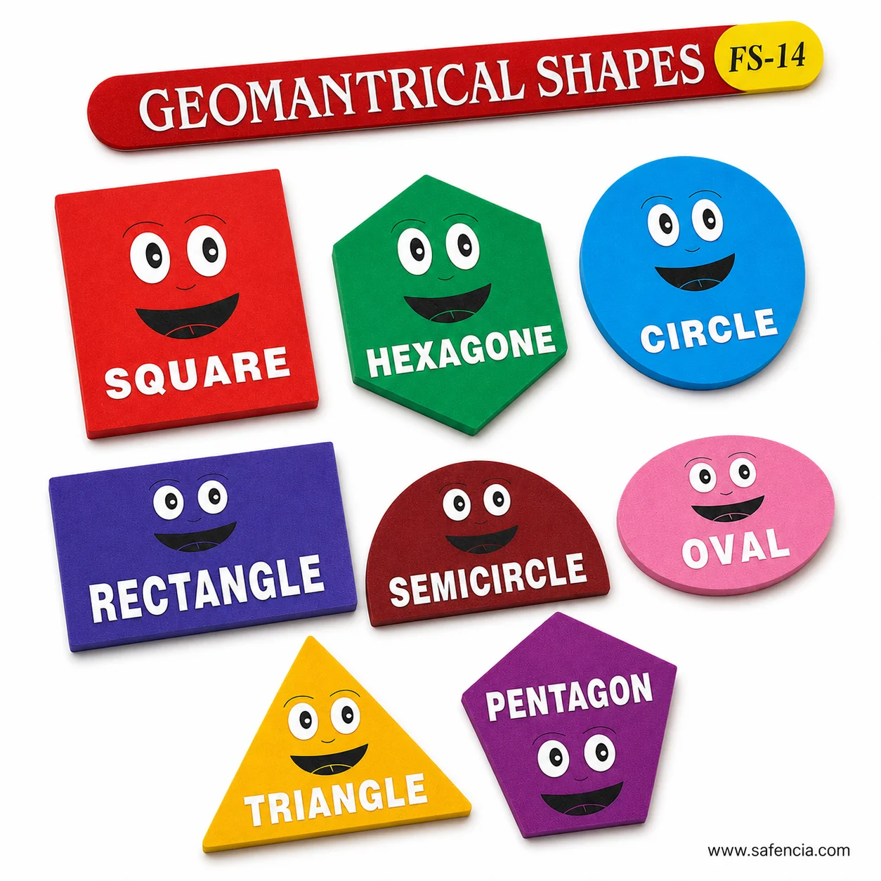 Close view of the square, hexagon and circle foam shapes with their printed names