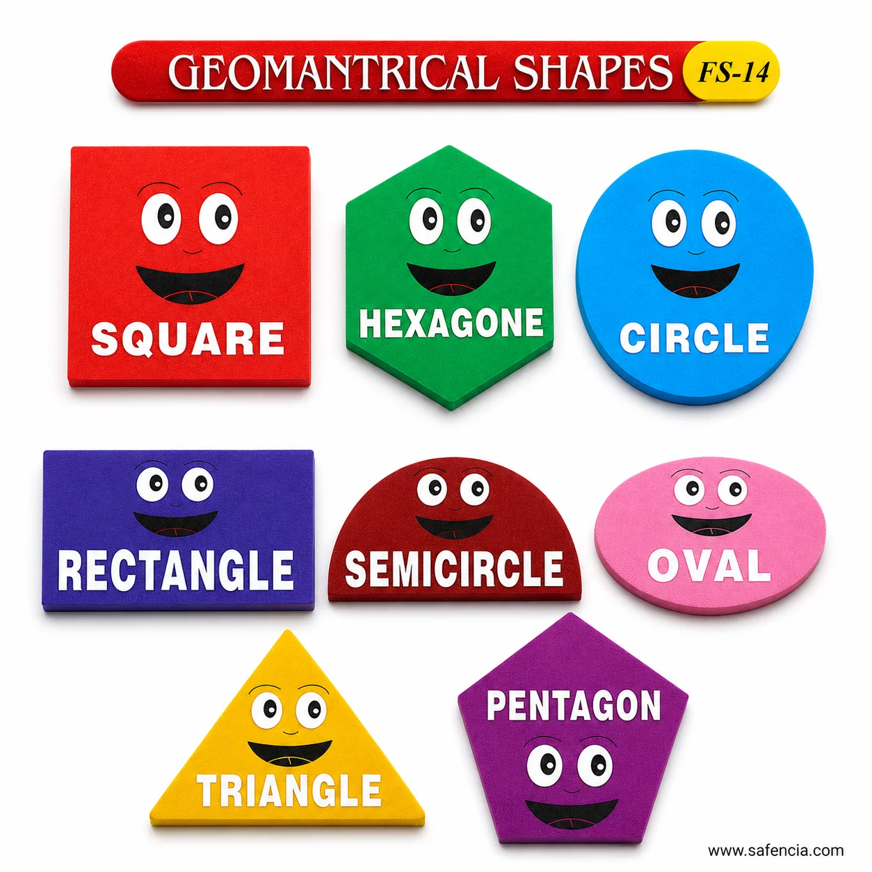 Triangle, pentagon, oval, rectangle and semicircle foam cut-outs with smiley faces