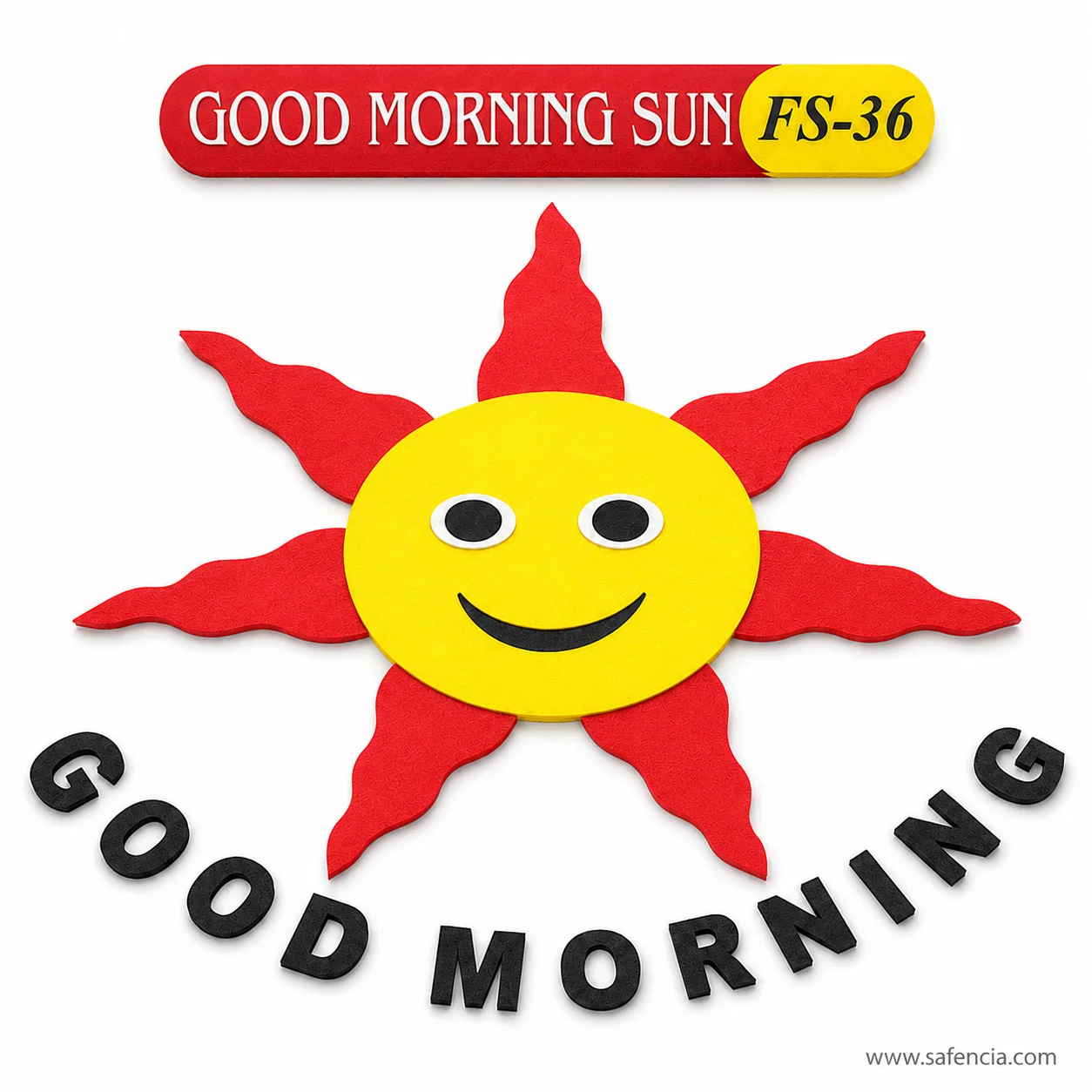 Angled view of the Good Morning Sun showing the raised letters and layered foam rays