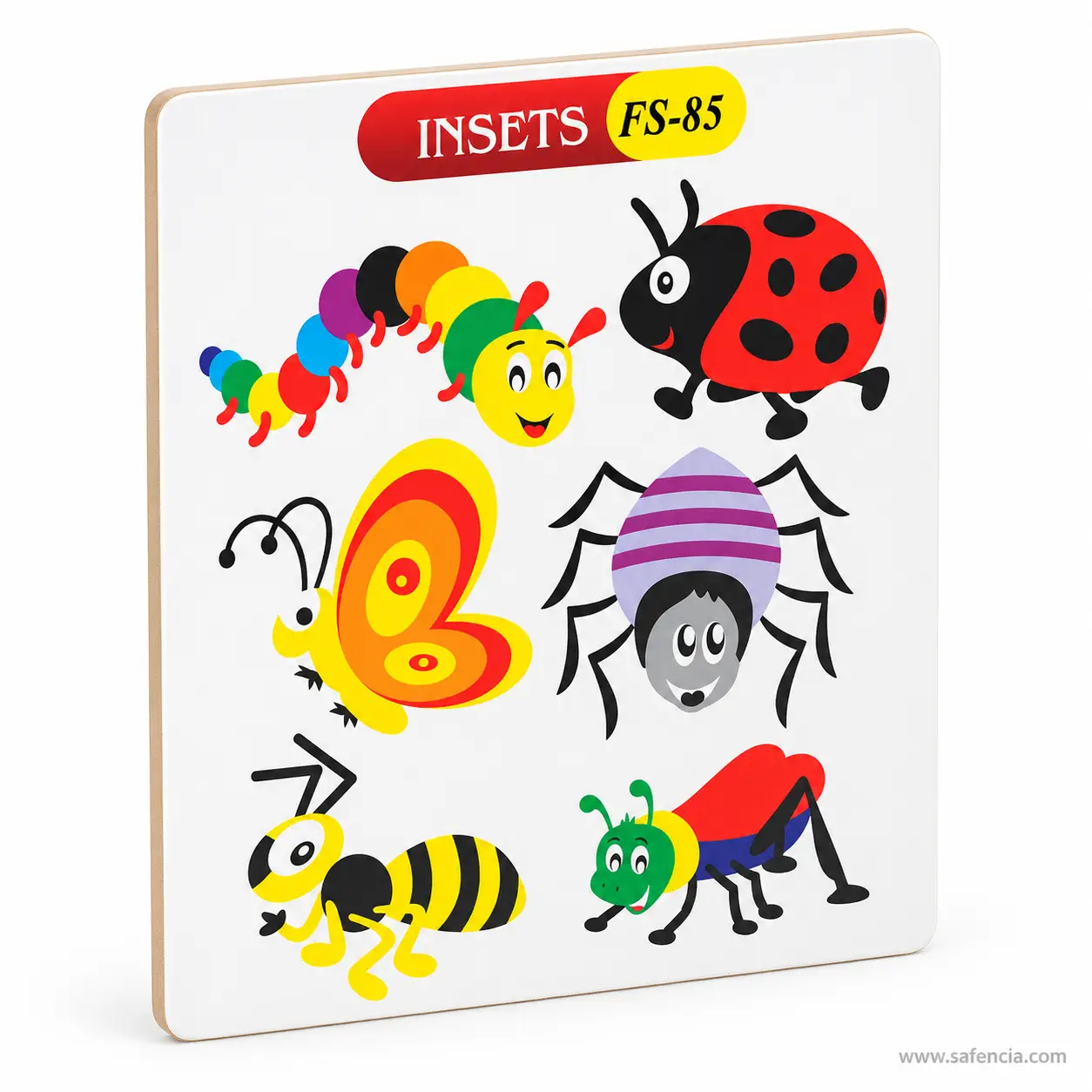 Angled view of the insects chart showing the layered foam creatures standing off the board