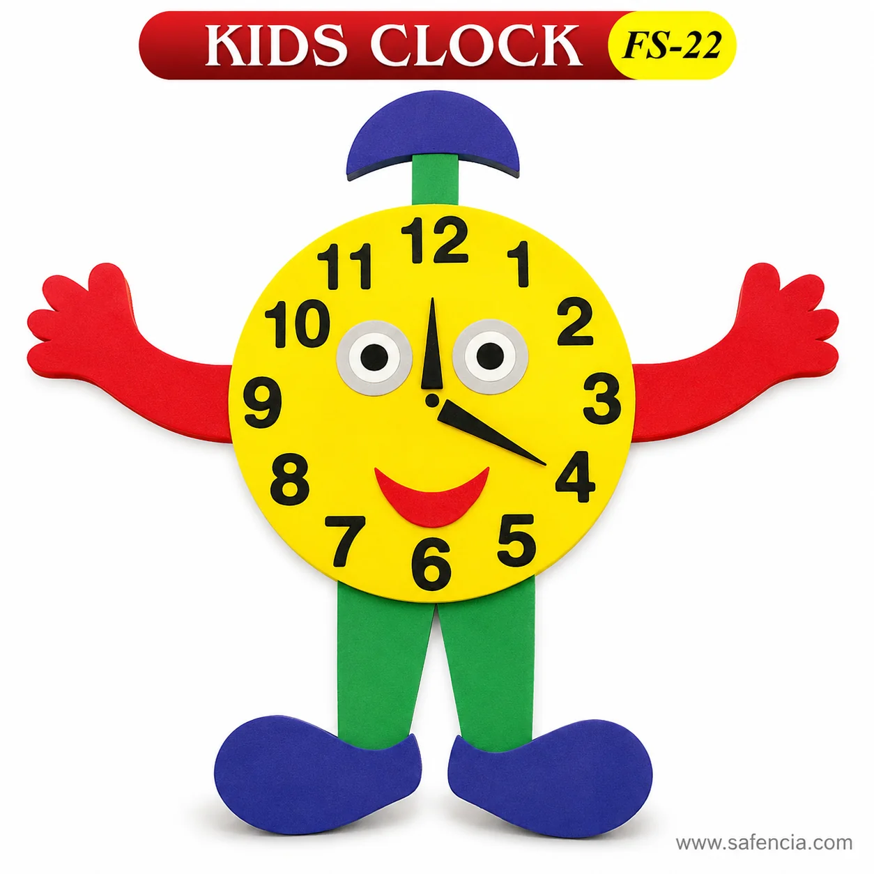 Foam kids clock character showing the red arms, green legs, blue shoes and blue cap