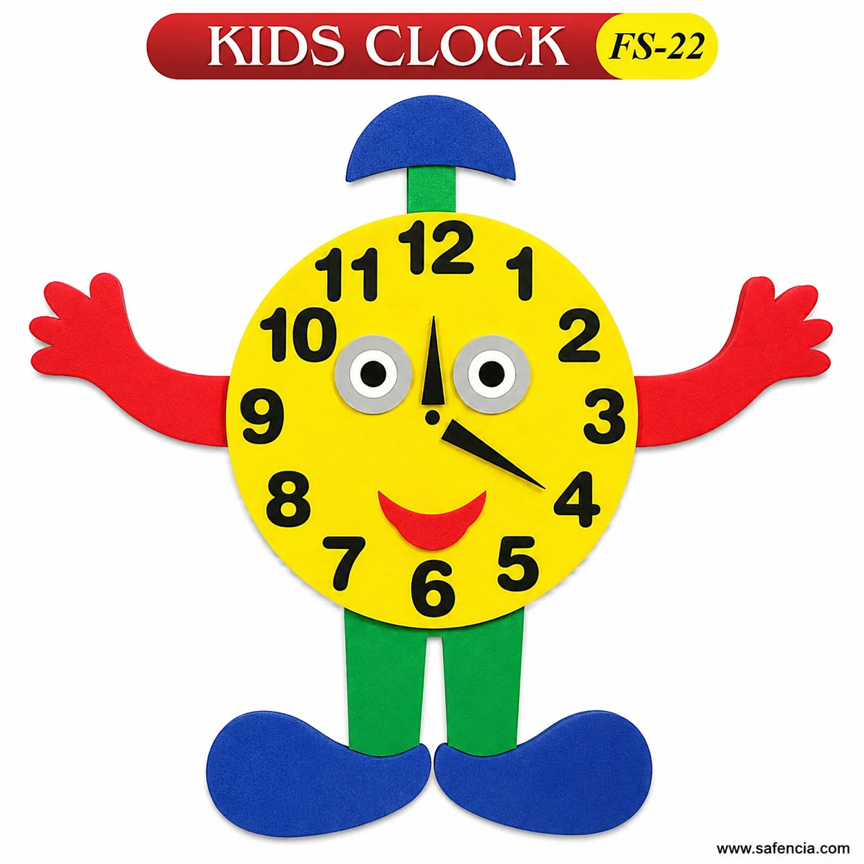 Close view of the foam clock dial showing the black numerals and the fixed hands