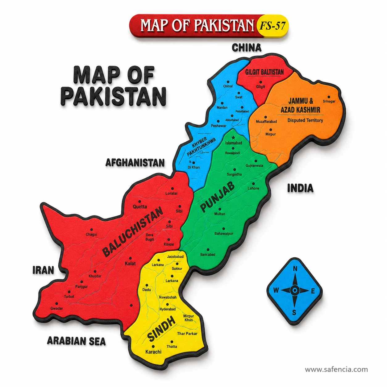 Close view of the Pakistan foam map showing city dots and the neighbouring country labels
